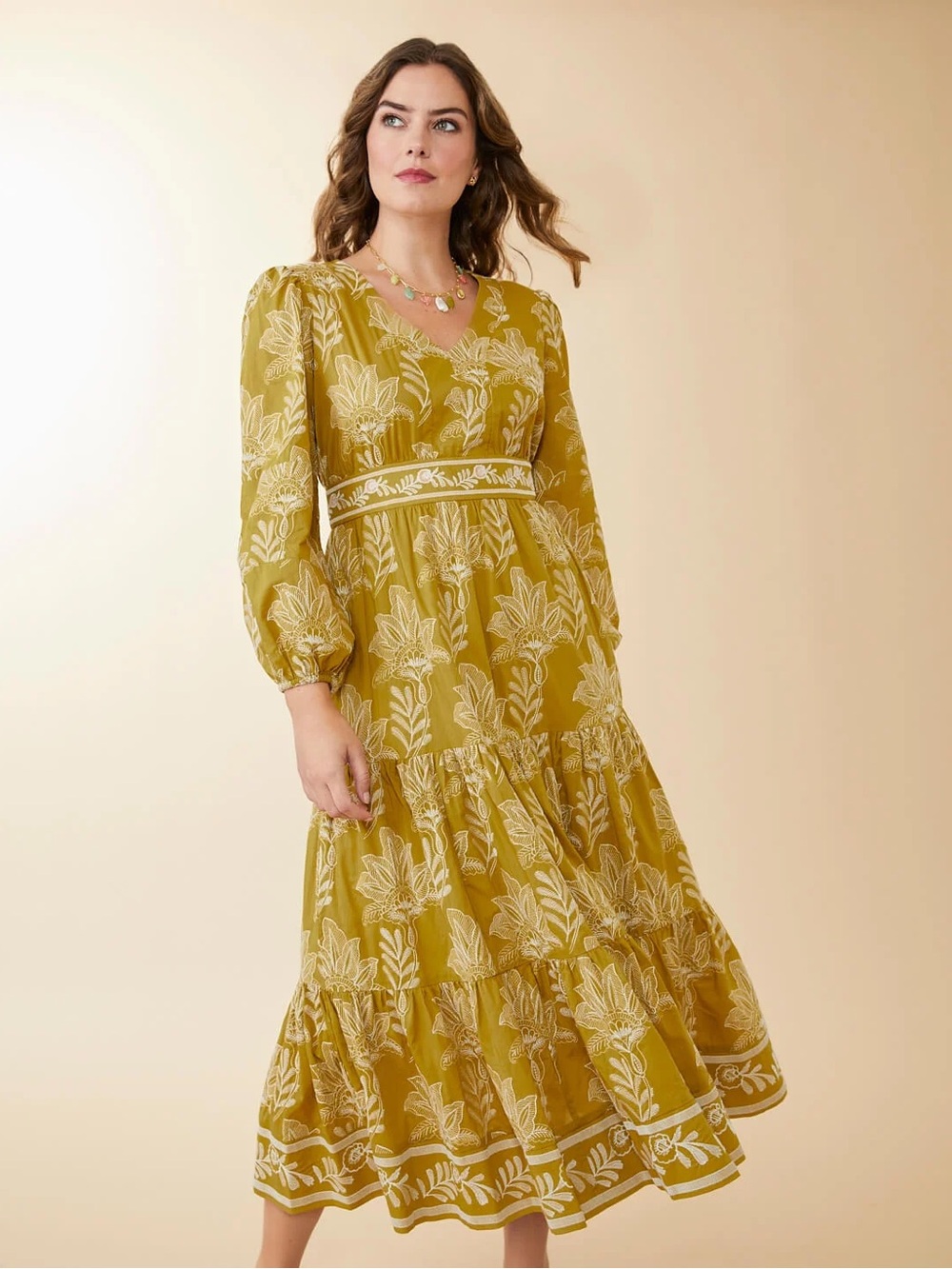 Embroidered Spartina 449 Dress Mustard Chartreuse Yellow Floral Midi Maxi XXL